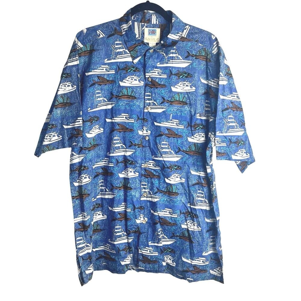 Kahala XL Blue‎ Cotton Button Up Shirt Fishing Boat Sailfish Kona Hawaii (d472)